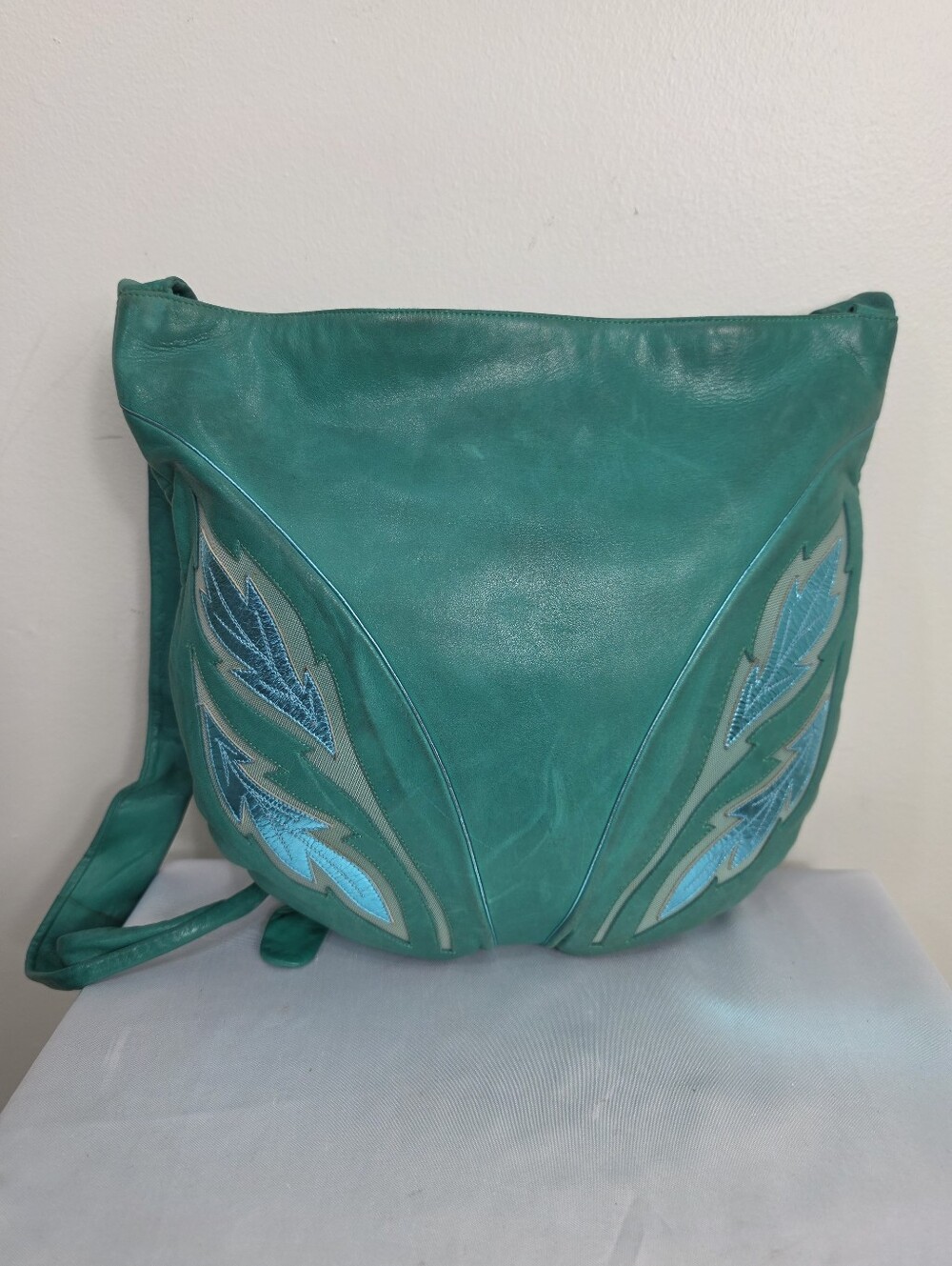 Vintage 80s Teal Embroidered Leather Shoulder Bag